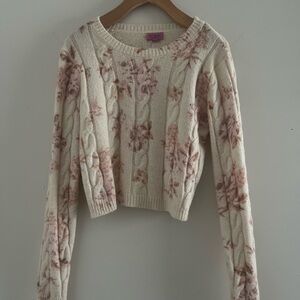 Francesca’s Cream and Pink Floral Cropped Sweater Sz XS